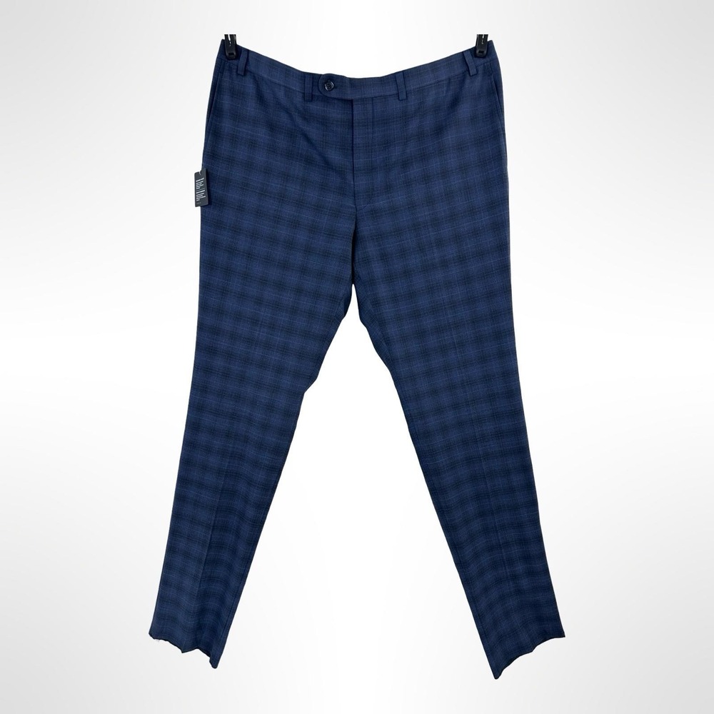 NEW Riviera Traveler Dress Pant Mens 44R Blue Plaid Stretch Wool Canada Unhemmed